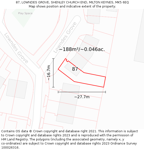 87, LOWNDES GROVE, SHENLEY CHURCH END, MILTON KEYNES, MK5 6EQ: Plot and title map