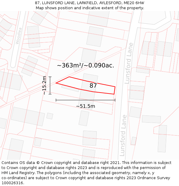 87, LUNSFORD LANE, LARKFIELD, AYLESFORD, ME20 6HW: Plot and title map