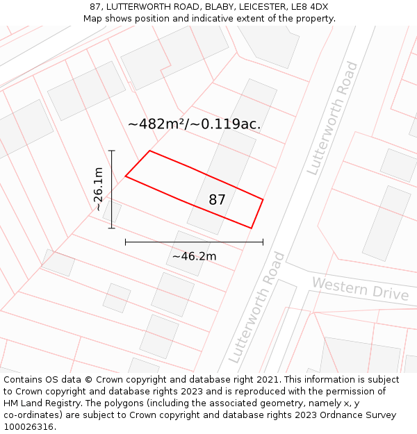 87, LUTTERWORTH ROAD, BLABY, LEICESTER, LE8 4DX: Plot and title map