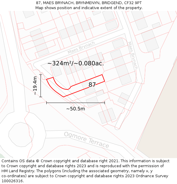87, MAES BRYNACH, BRYNMENYN, BRIDGEND, CF32 9PT: Plot and title map
