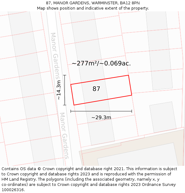 87, MANOR GARDENS, WARMINSTER, BA12 8PN: Plot and title map