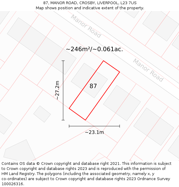 87, MANOR ROAD, CROSBY, LIVERPOOL, L23 7US: Plot and title map
