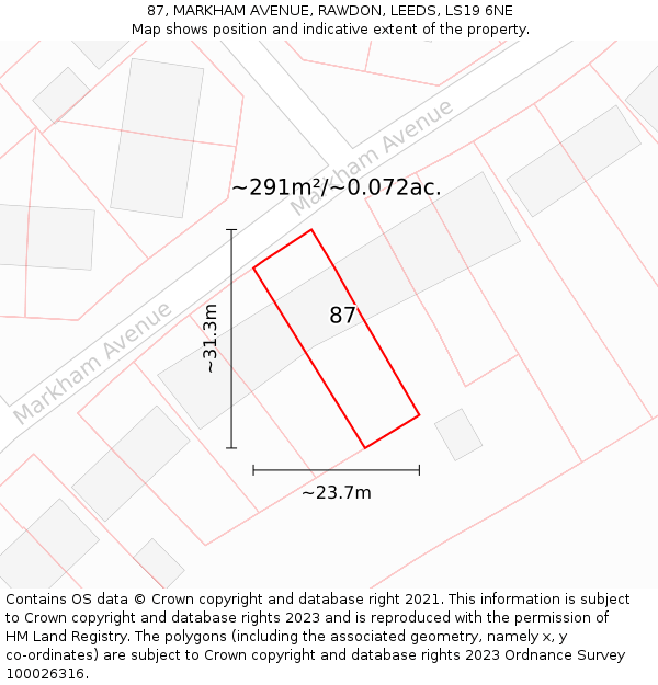 87, MARKHAM AVENUE, RAWDON, LEEDS, LS19 6NE: Plot and title map