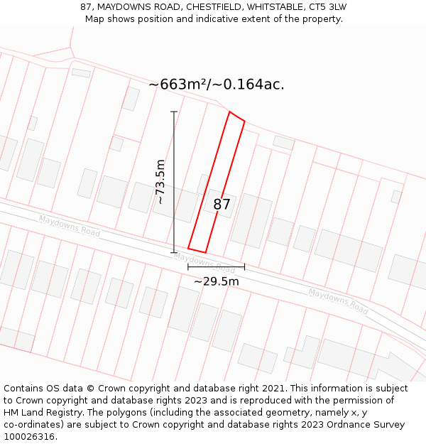 87, MAYDOWNS ROAD, CHESTFIELD, WHITSTABLE, CT5 3LW: Plot and title map