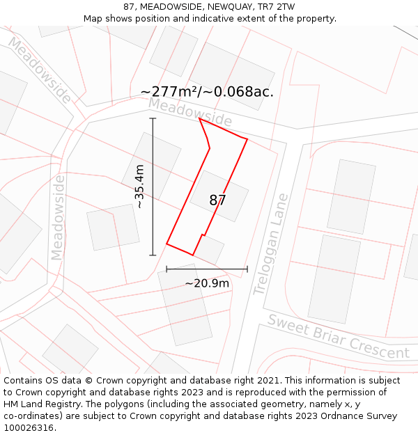 87, MEADOWSIDE, NEWQUAY, TR7 2TW: Plot and title map