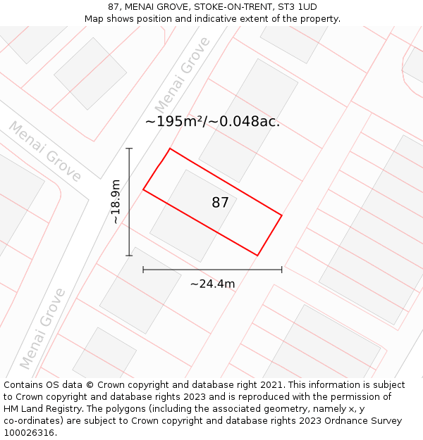 87, MENAI GROVE, STOKE-ON-TRENT, ST3 1UD: Plot and title map