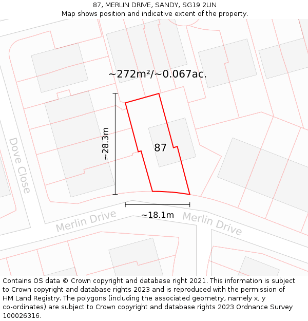 87, MERLIN DRIVE, SANDY, SG19 2UN: Plot and title map