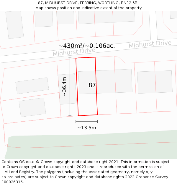 87, MIDHURST DRIVE, FERRING, WORTHING, BN12 5BL: Plot and title map