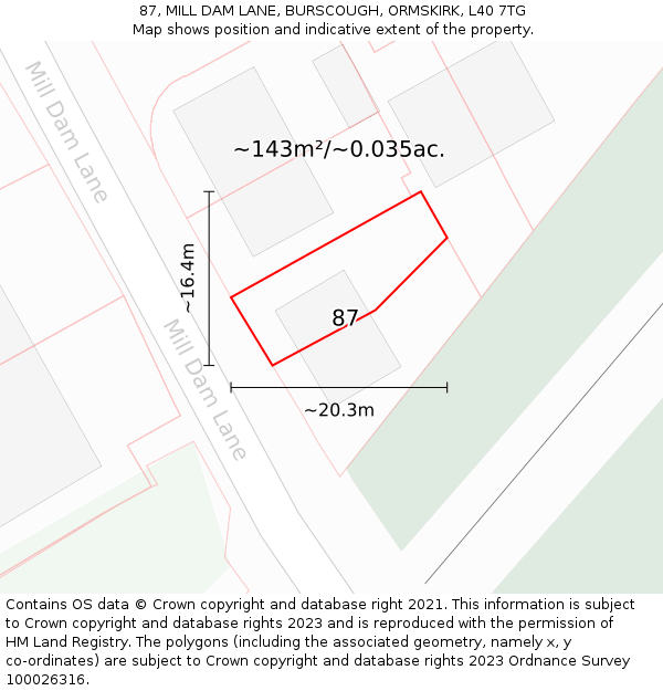 87, MILL DAM LANE, BURSCOUGH, ORMSKIRK, L40 7TG: Plot and title map
