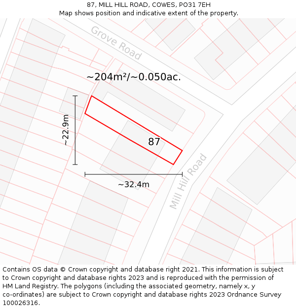 87, MILL HILL ROAD, COWES, PO31 7EH: Plot and title map