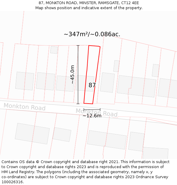 87, MONKTON ROAD, MINSTER, RAMSGATE, CT12 4EE: Plot and title map