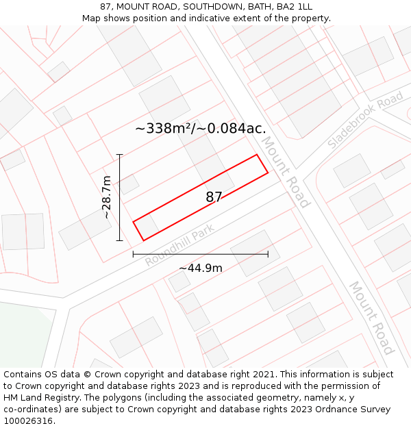 87, MOUNT ROAD, SOUTHDOWN, BATH, BA2 1LL: Plot and title map