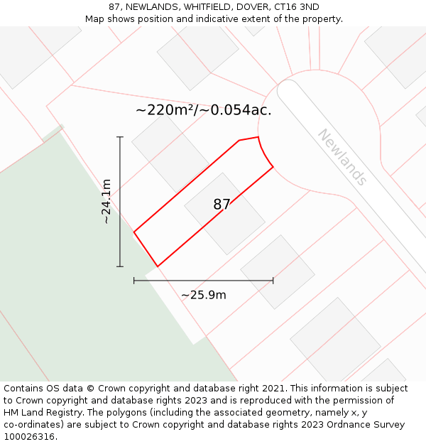 87, NEWLANDS, WHITFIELD, DOVER, CT16 3ND: Plot and title map