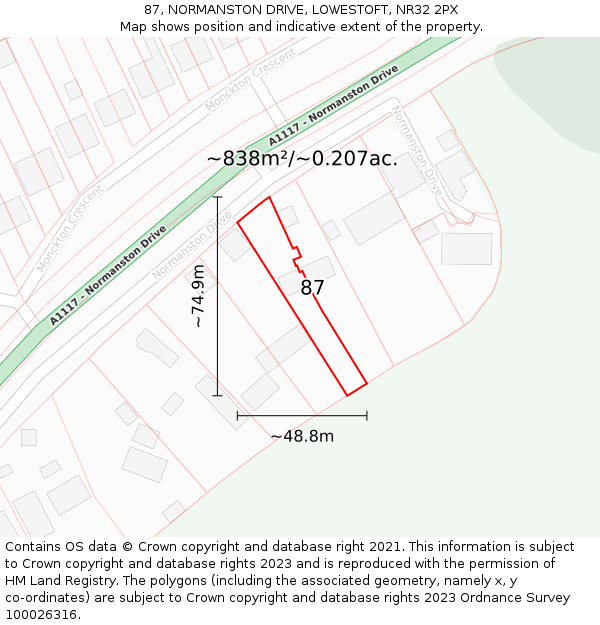 87, NORMANSTON DRIVE, LOWESTOFT, NR32 2PX: Plot and title map