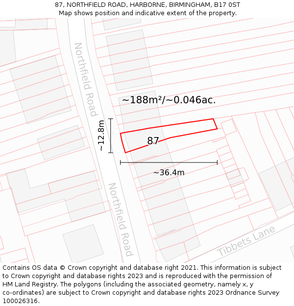87, NORTHFIELD ROAD, HARBORNE, BIRMINGHAM, B17 0ST: Plot and title map