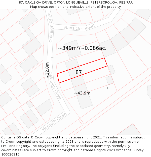 87, OAKLEIGH DRIVE, ORTON LONGUEVILLE, PETERBOROUGH, PE2 7AR: Plot and title map