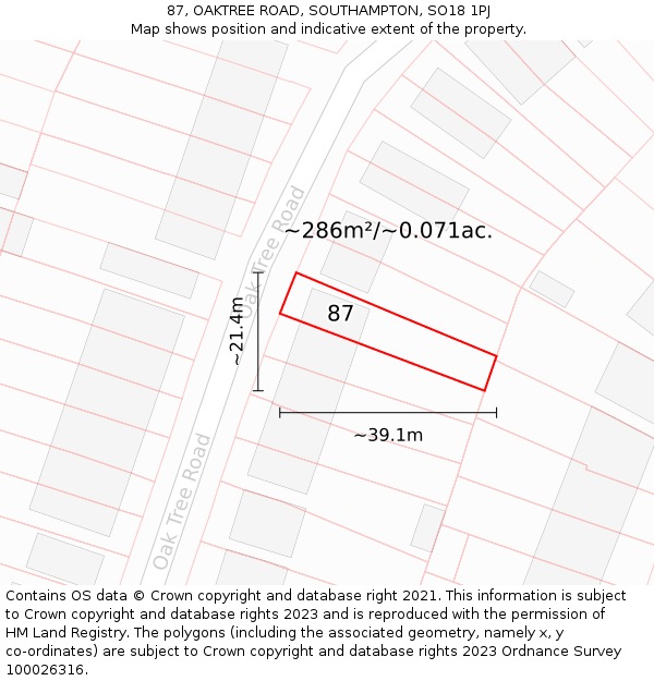 87, OAKTREE ROAD, SOUTHAMPTON, SO18 1PJ: Plot and title map