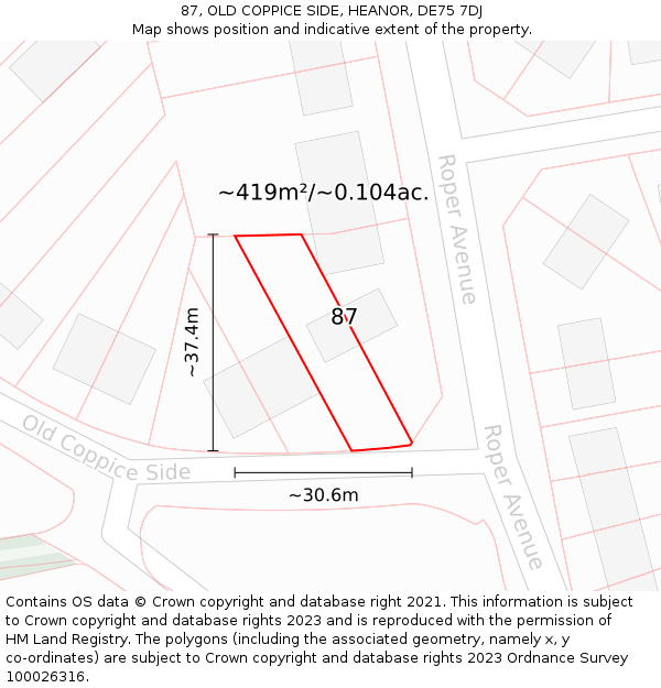 87, OLD COPPICE SIDE, HEANOR, DE75 7DJ: Plot and title map