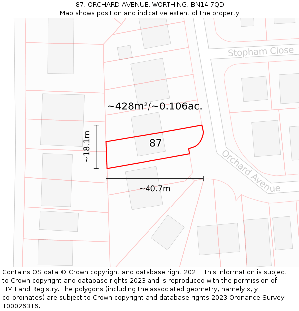 87, ORCHARD AVENUE, WORTHING, BN14 7QD: Plot and title map