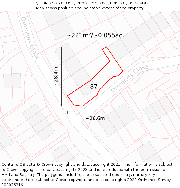 87, ORMONDS CLOSE, BRADLEY STOKE, BRISTOL, BS32 0DU: Plot and title map