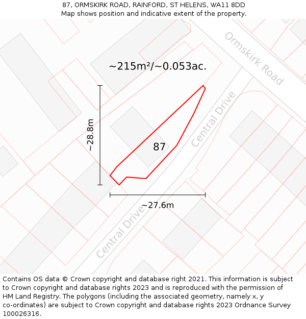 87, ORMSKIRK ROAD, RAINFORD, ST HELENS, WA11 8DD: Plot and title map