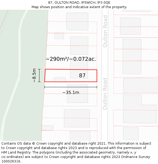 87, OULTON ROAD, IPSWICH, IP3 0QE: Plot and title map