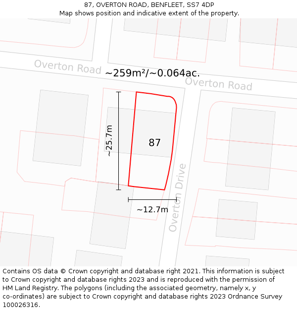 87, OVERTON ROAD, BENFLEET, SS7 4DP: Plot and title map