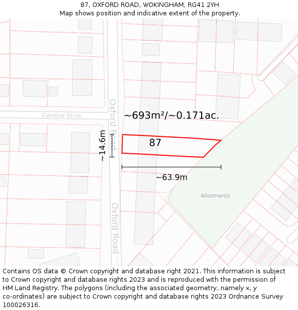 87, OXFORD ROAD, WOKINGHAM, RG41 2YH: Plot and title map