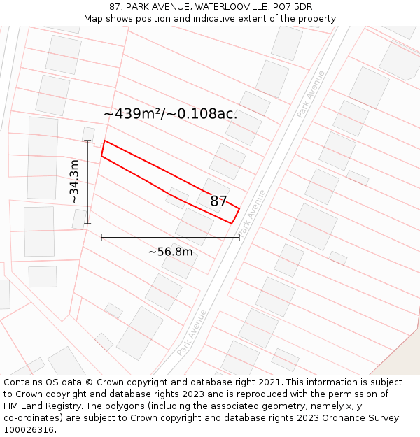 87, PARK AVENUE, WATERLOOVILLE, PO7 5DR: Plot and title map