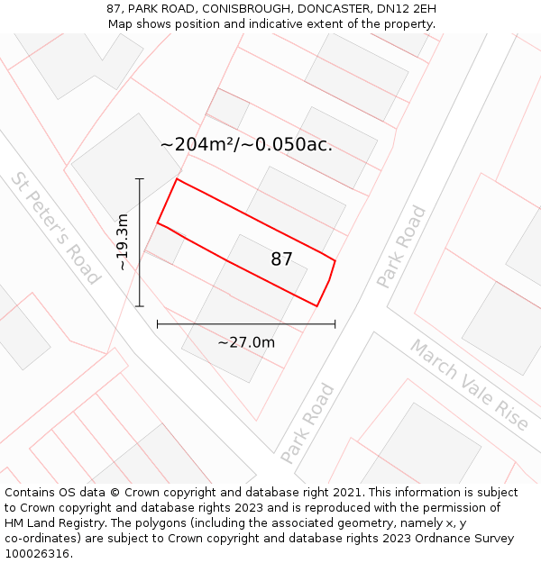 87, PARK ROAD, CONISBROUGH, DONCASTER, DN12 2EH: Plot and title map