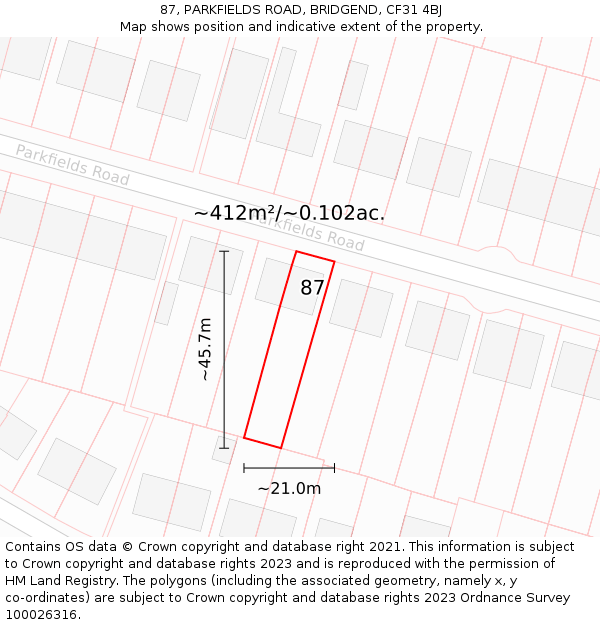 87, PARKFIELDS ROAD, BRIDGEND, CF31 4BJ: Plot and title map