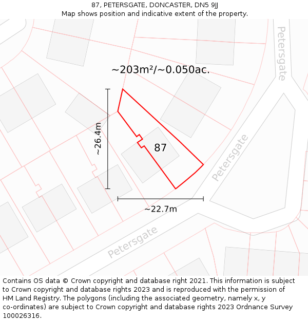 87, PETERSGATE, DONCASTER, DN5 9JJ: Plot and title map