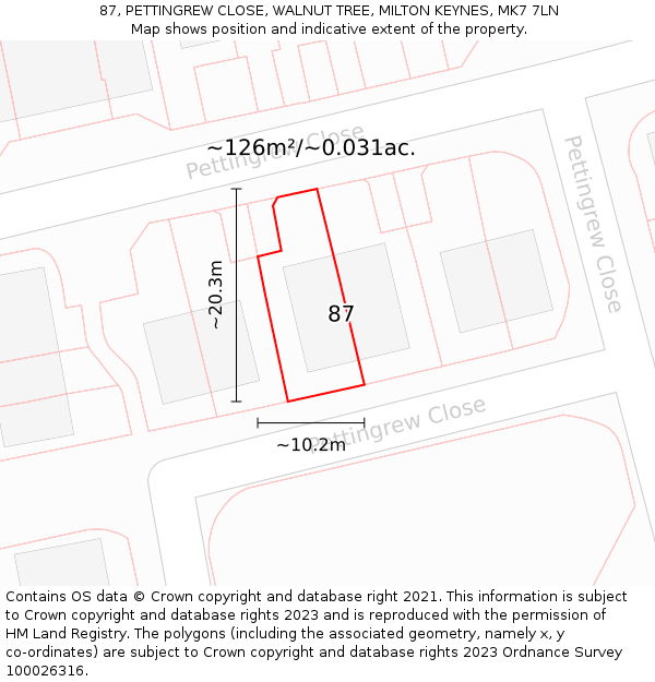 87, PETTINGREW CLOSE, WALNUT TREE, MILTON KEYNES, MK7 7LN: Plot and title map