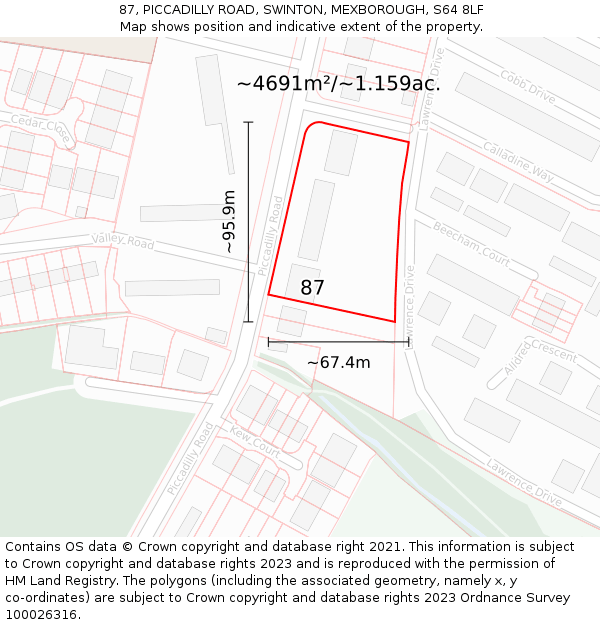 87, PICCADILLY ROAD, SWINTON, MEXBOROUGH, S64 8LF: Plot and title map