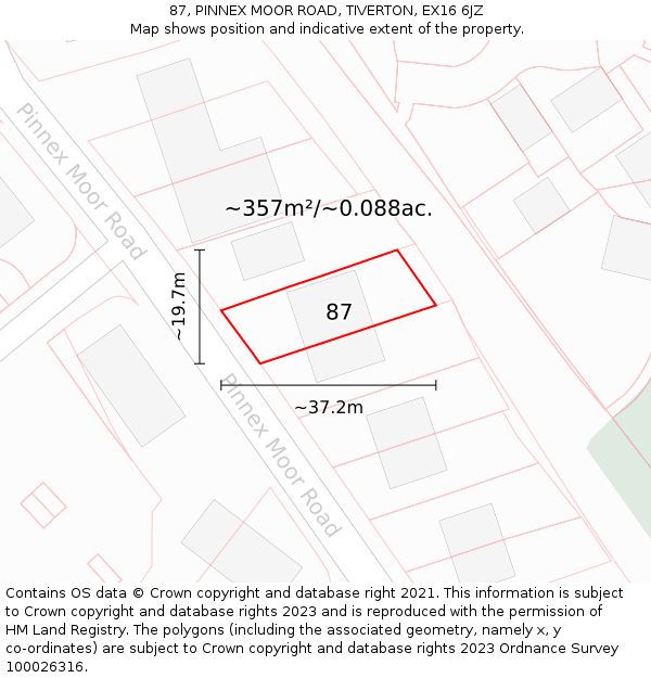 87, PINNEX MOOR ROAD, TIVERTON, EX16 6JZ: Plot and title map