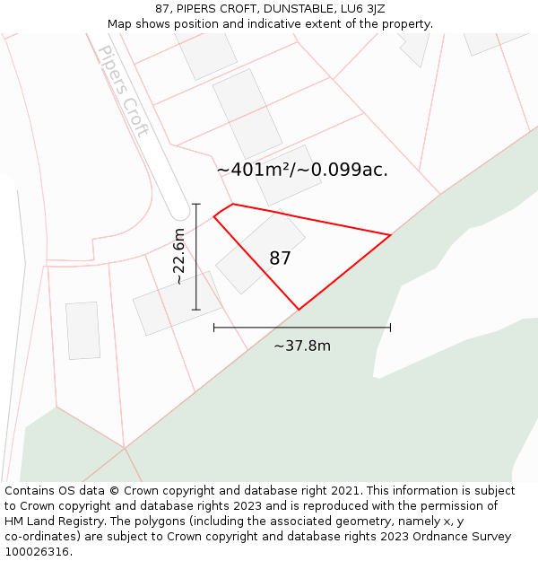 87, PIPERS CROFT, DUNSTABLE, LU6 3JZ: Plot and title map