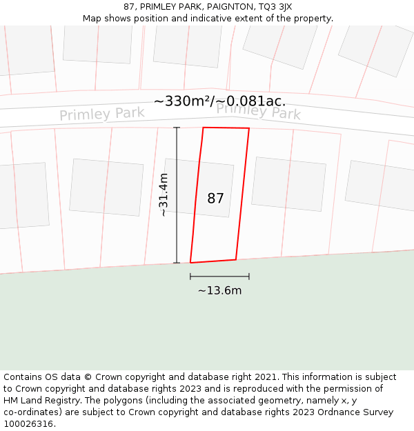 87, PRIMLEY PARK, PAIGNTON, TQ3 3JX: Plot and title map