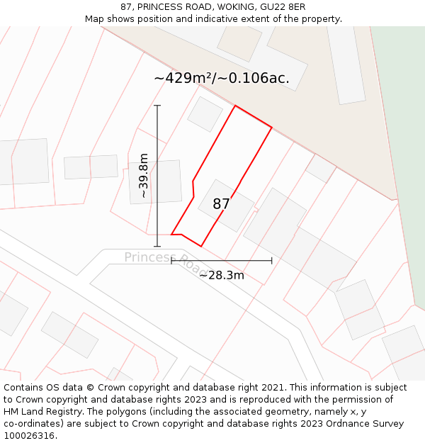 87, PRINCESS ROAD, WOKING, GU22 8ER: Plot and title map