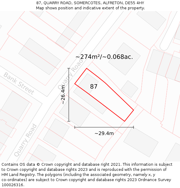 87, QUARRY ROAD, SOMERCOTES, ALFRETON, DE55 4HY: Plot and title map