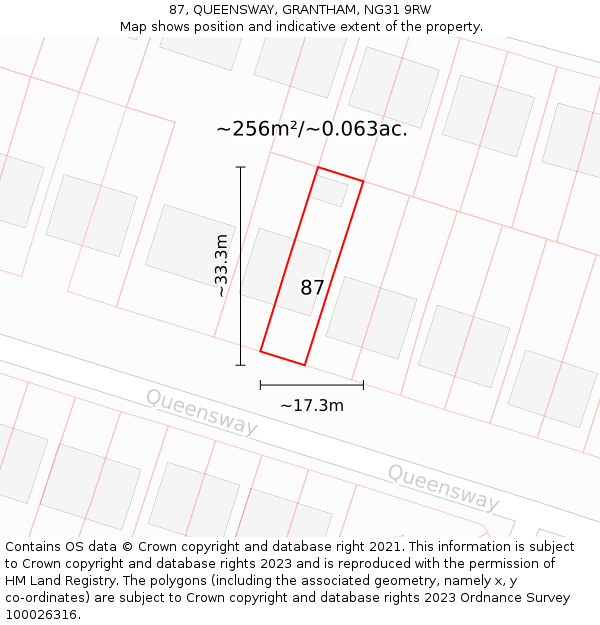 87, QUEENSWAY, GRANTHAM, NG31 9RW: Plot and title map