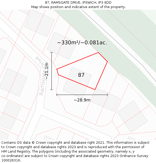 87, RAMSGATE DRIVE, IPSWICH, IP3 9DD: Plot and title map