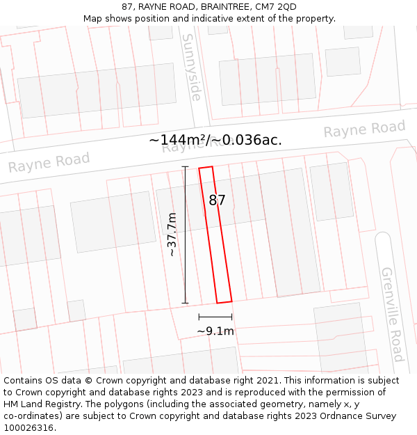 87, RAYNE ROAD, BRAINTREE, CM7 2QD: Plot and title map
