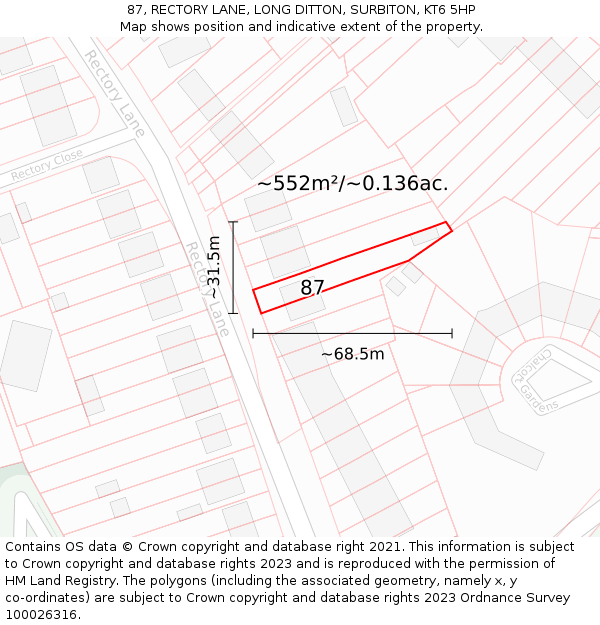 87, RECTORY LANE, LONG DITTON, SURBITON, KT6 5HP: Plot and title map