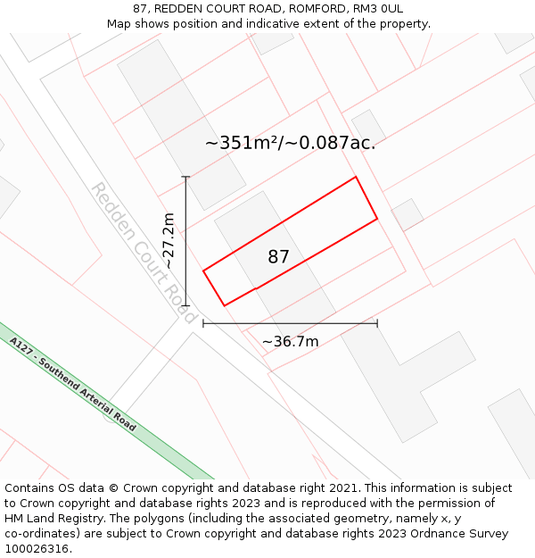 87, REDDEN COURT ROAD, ROMFORD, RM3 0UL: Plot and title map