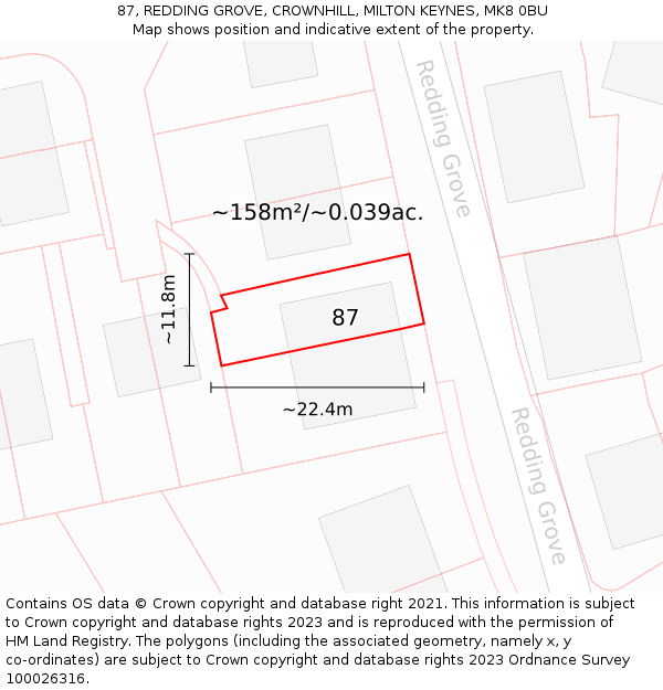 87, REDDING GROVE, CROWNHILL, MILTON KEYNES, MK8 0BU: Plot and title map