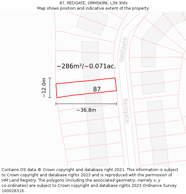 87, REDGATE, ORMSKIRK, L39 3NN: Plot and title map