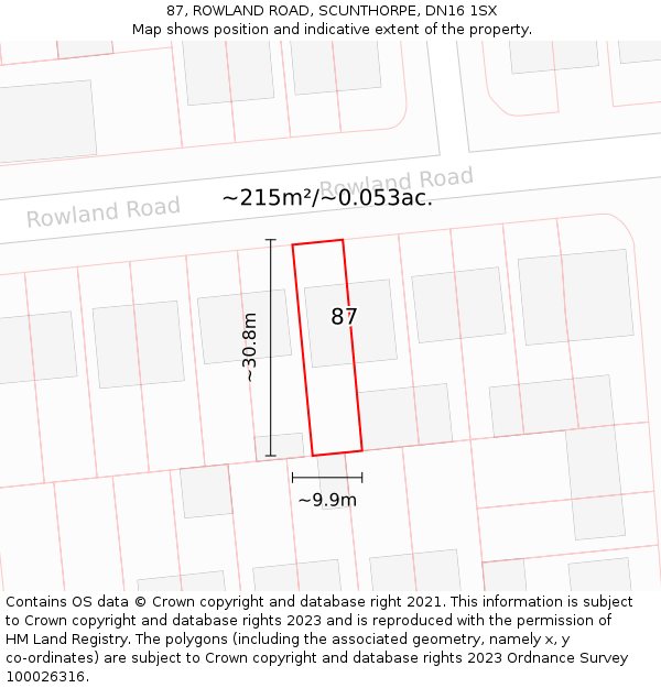 87, ROWLAND ROAD, SCUNTHORPE, DN16 1SX: Plot and title map