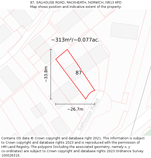 87, SALHOUSE ROAD, RACKHEATH, NORWICH, NR13 6PD: Plot and title map