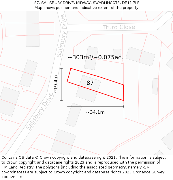 87, SALISBURY DRIVE, MIDWAY, SWADLINCOTE, DE11 7LE: Plot and title map