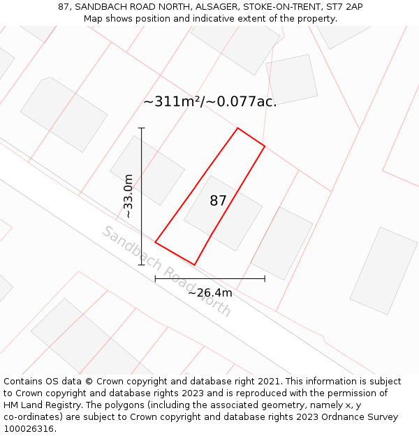 87, SANDBACH ROAD NORTH, ALSAGER, STOKE-ON-TRENT, ST7 2AP: Plot and title map